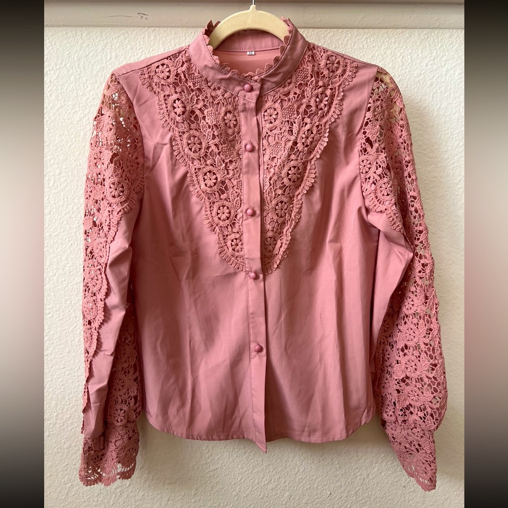 Classy pink lace button down shirt